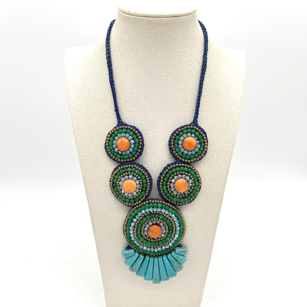 Panacea Beaded Statement Bib Necklace Blue Green Orange Turquoise Woven Cord